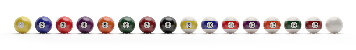 Line of 16 billiard balls on white background