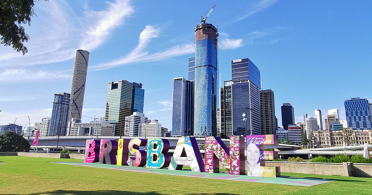 Brisbane sign in Brisbane with city in the background
